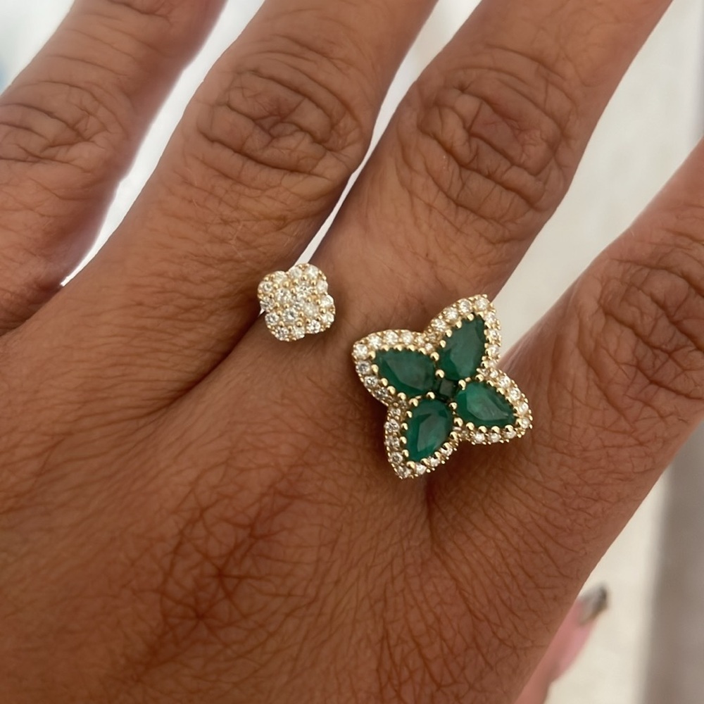 14K yellow gold Clover open ring .4ct diamond 1.4ct emerald